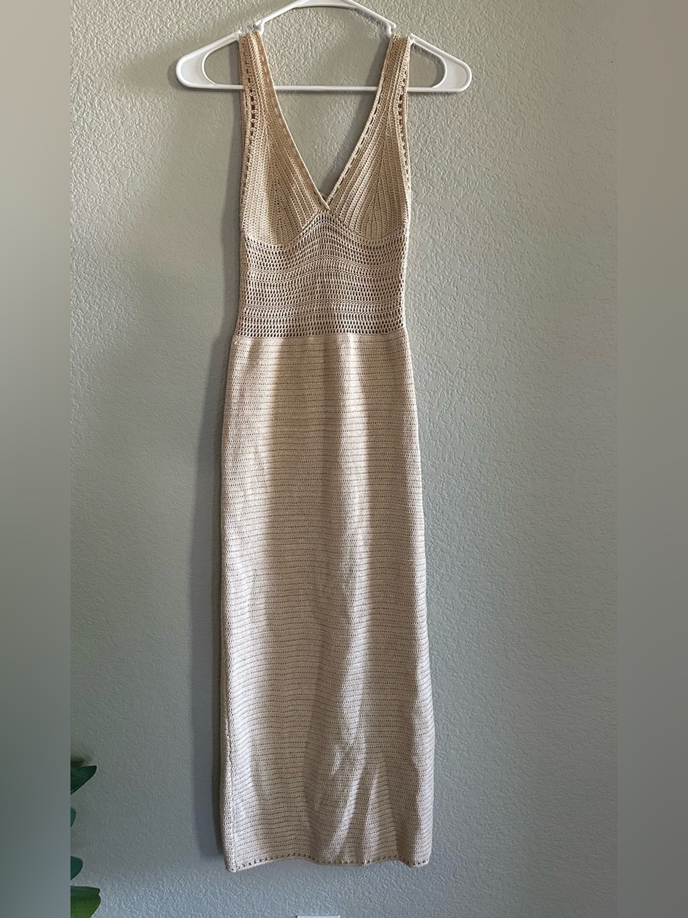 Sage Distinctive openwork crochet-knit V-Neck Maxi Dress